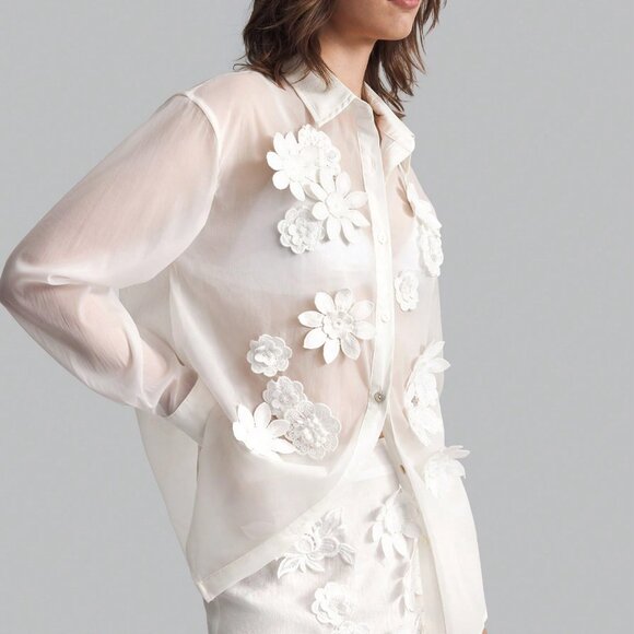 Women's Floral 3d Embellished Long Sleeve Blouse white - Picture 1 of 9
